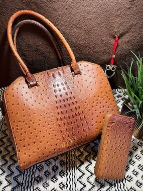 Tan Ostrich-Embossed Structured Satchel Handbag (P58)